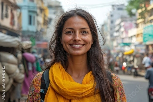 Fototapeta Joyful Indian woman explores city streets, enjoying her sightseeing experience as a tourist in an urban environment, Generative AI