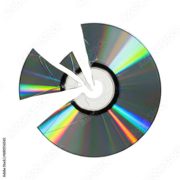 Fototapeta Broken compact disc with iridescent reflection and shattered pieces