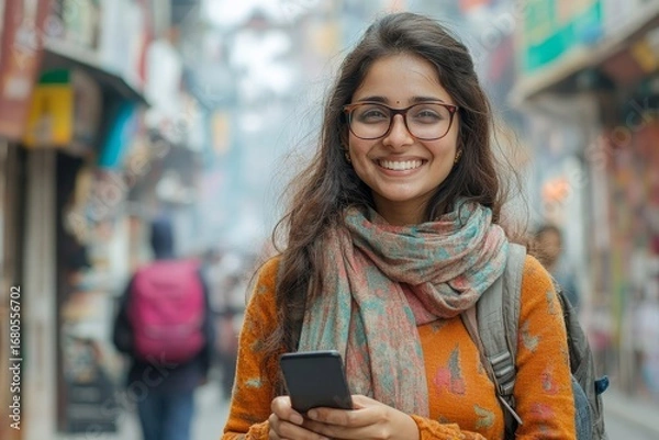 Fototapeta Joyful Indian woman tourist with a smartphone and coffee explores city streets, reflecting the enjoyment of her travel experience, Generative AI