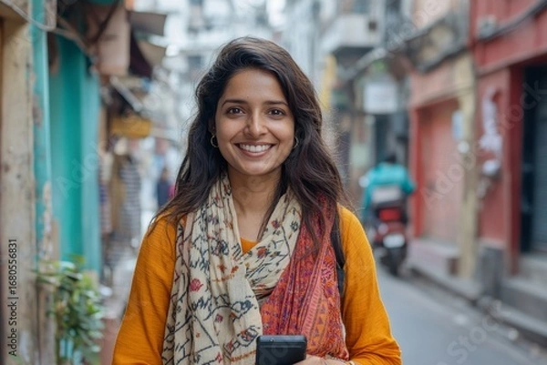 Fototapeta Joyful Indian woman tourist with a smartphone and coffee explores city streets, reflecting the enjoyment of her travel experience, Generative AI