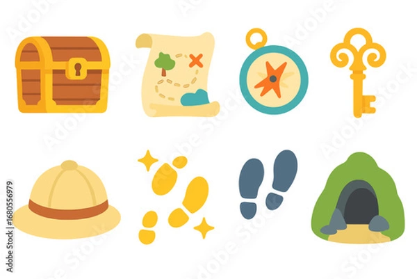 Fototapeta Adventure Icons Grid. Flat vector mini-illustrations portal and adventure in colors children's illustrations: treasure chest, map