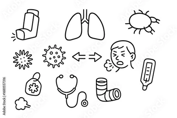 Fototapeta Asthma Doodle Icons. Hand-drawn doodle illustration asthma inhaler, lungs, allergen, dust mite, pollen, asthma attack icon,