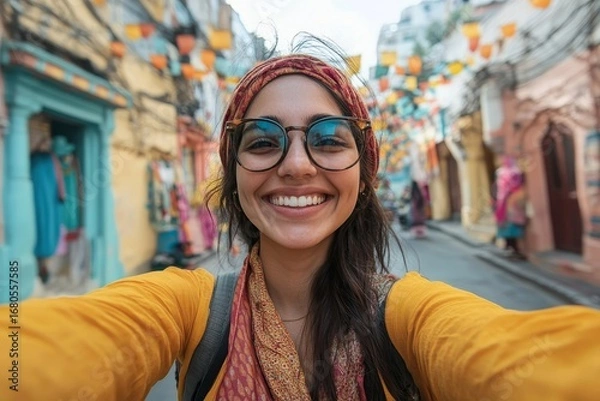Fototapeta Joyful Indian woman tourist takes a selfie while exploring city streets, capturing the moment of cultural exploration, Generative AI