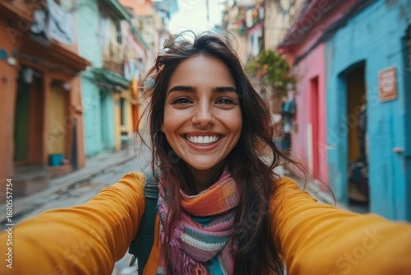 Fototapeta Joyful Indian woman tourist takes a selfie while exploring city streets, capturing the moment of cultural exploration, Generative AI