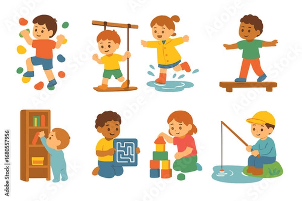 Fototapeta Children's Adventure Icons. Flat vector mini-illustrations challenges in colors children's illustrations: child climbing wall, kid