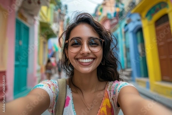 Fototapeta Joyful Indian woman tourist takes a selfie while exploring city streets, capturing the moment of cultural exploration, Generative AI