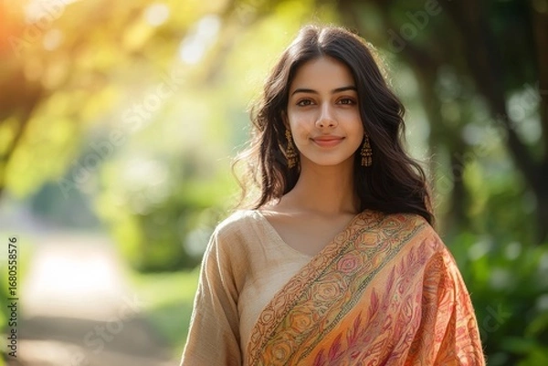 Fototapeta Joyful Indian woman enjoys a leisurely stroll in the city park, taking in the sights of the natural surroundings while walking, Generative AI