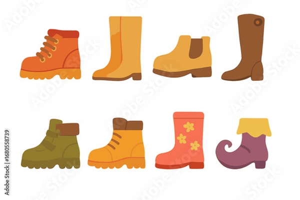 Obraz Colorful Kids' Boot Styles. Flat vector mini-illustrations boots styles in colors children's illustrations: lace-up boots,