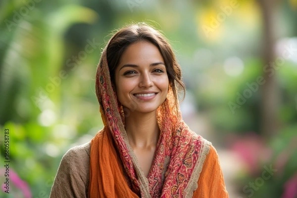 Fototapeta Joyful Indian woman enjoys a leisurely stroll in a lush city park setting, soaking in the beauty of nature while walking through the urban park, Generative AI