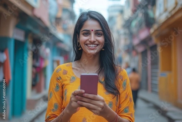 Fototapeta Joyful Indian woman uses a smartphone for a video call on a city street, interacting with others while experiencing the urban atmosphere, Generative AI