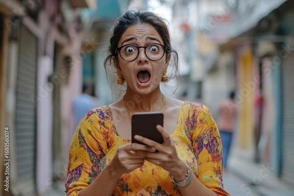 Fototapeta Excited Indian woman tourist uses a smartphone on a city street with a surprised expression, reflecting the thrill of discovering new places, Generative AI