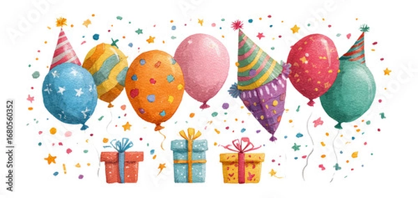 Fototapeta Colorful Party Balloons and Presents on Transparent Background