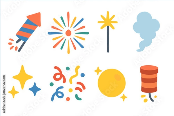 Fototapeta Colorful Fireworks Icons. Flat vector mini-illustrations fireworks in colors children's illustrations: rocket firework, colorful