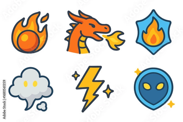 Obraz Fire & Magic Icons. Flat vector mini-illustrations dragon fire and magic in colors children's illustrations: fireball, flame