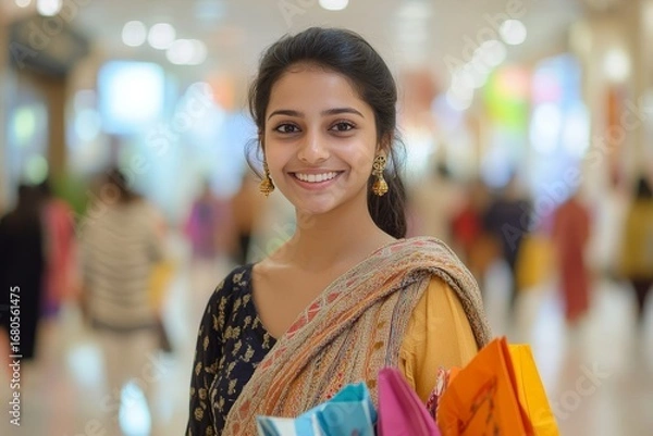 Fototapeta Smiling Indian woman enjoys a shopping spree in a mall with colorful bags, reflecting excitement and satisfaction from her purchases, Generative AI