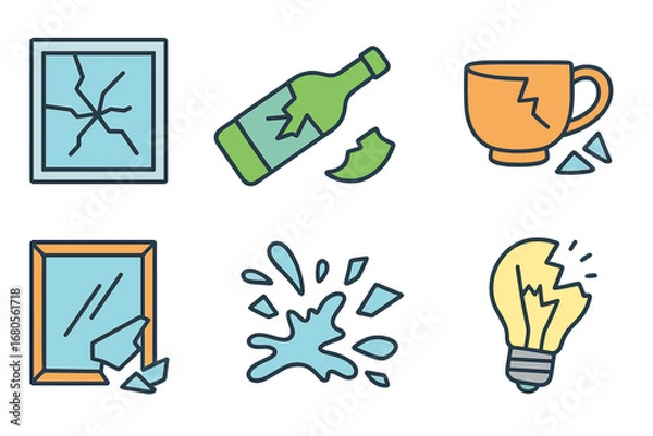 Obraz Glass Break Icons. Flat vector mini-illustrations glass break in colors children's illustrations: cracked window, shattered bottle