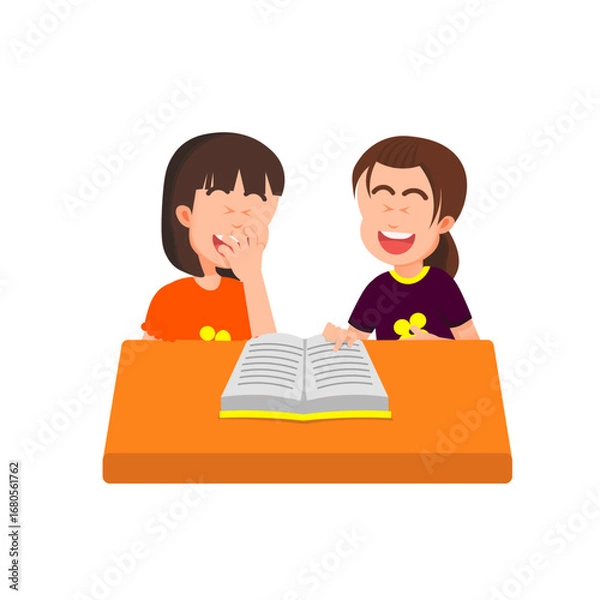 Fototapeta Two little girls laugh out loud while reading a book together at a desk