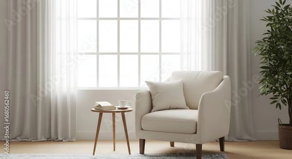 Fototapeta A comfortable armchair next to a small table with a book and a cup, near a large window.