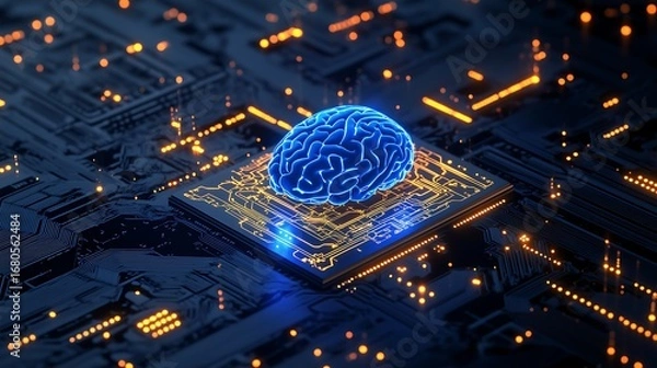 Obraz Glowing Blue Brain Model in Central Microchip, Orange Light Circuits on Circuit Board, Futuristic AI