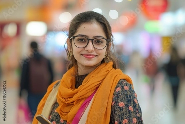 Fototapeta Content young Indian woman with shopping bags uses a smartphone and credit card at a mall, enjoying the convenience of mobile shopping, Generative AI