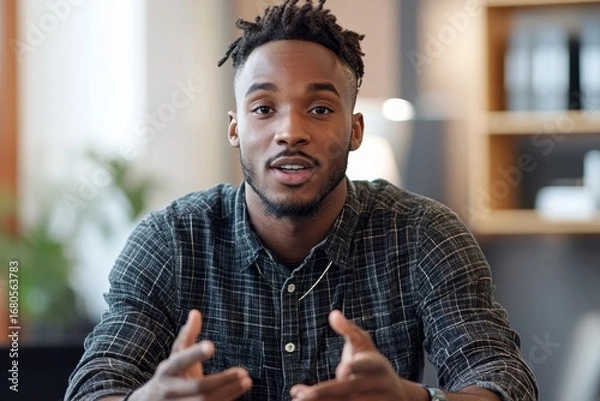 Fototapeta Young man seated at an office desk, participating in a remote virtual meeting, gesturing with his hands while speaking into the camera, Generative AI