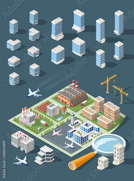 Fototapeta Set of Isolated High Quality Isometric City Elements . Harbor with Shadows on Dark Background