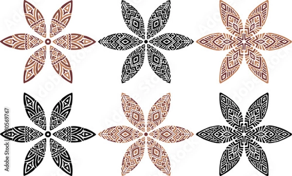 Fototapeta Artistic hand drawn illustration of African decorative ornament. Vector drawing ethnic pattern isolated on white background. Black and white and colored tribal art for bohemian interior printing.