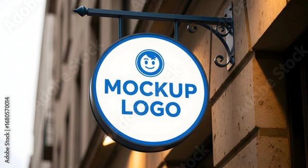 Fototapeta Close-up of a round, illuminated shop sign with a mockup logo, hanging from a building exterior.