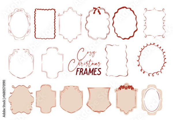 Fototapeta Collection of cozy hand-drawn Christmas frames in festive red tones. Perfect for holiday cards, labels, tags, and invitations.