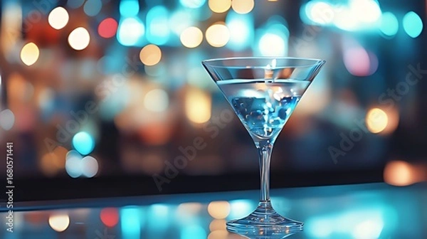 Obraz Transparent Martini Glass with Light Blue Liquid, Reflective Surface, Bokeh of Yellow/Orange/Red/Blue Lights