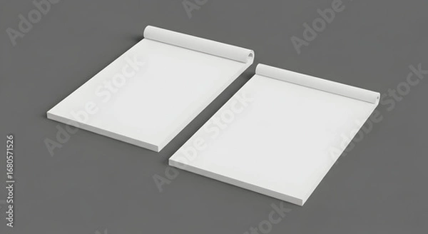 Fototapeta Two blank white notepads with spiral binding on a gray surface, ready for notes.