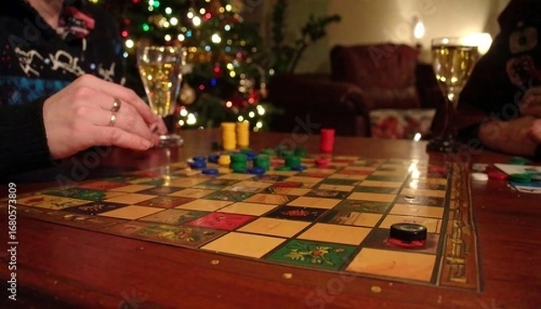 Fototapeta Festive board game night with friends, enjoying drinks by a Christmas tree