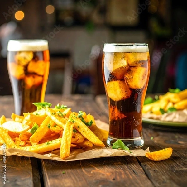 Obraz Crispy fries and drinks on a rustic table