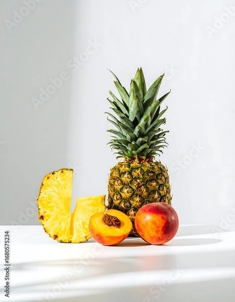 Fototapeta Fresh pineapple and peach still life
