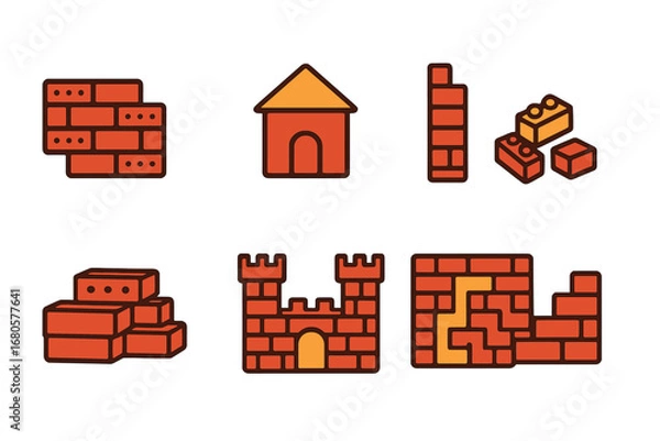 Fototapeta Colorful Brick Icons. Flat vector mini-illustrations brick objects and toys in colors children's illustrations: brick wall, brick