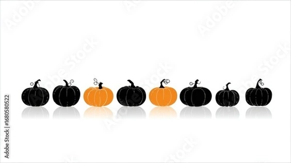 Fototapeta Simple black and orange pumpkins in a row, reflected