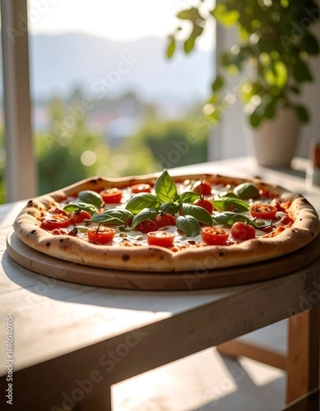 Fototapeta Fresh pizza, sunlight, window view