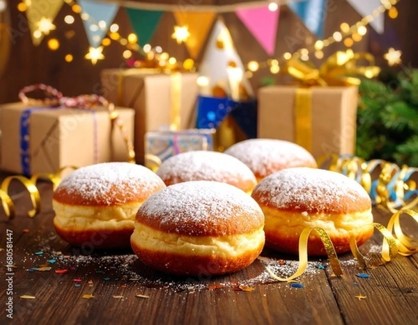 Fototapeta Festive Donuts on Wooden Table