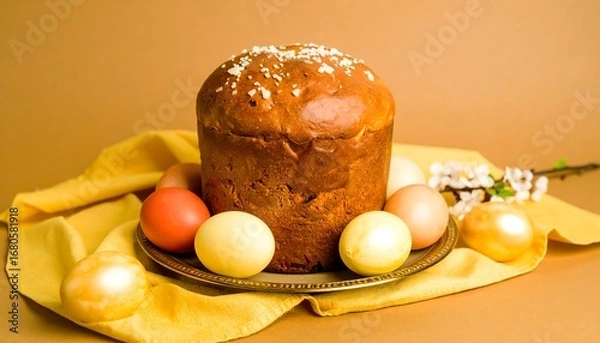 Fototapeta Festive Easter bread surrounded by colored eggs on a yellow cloth