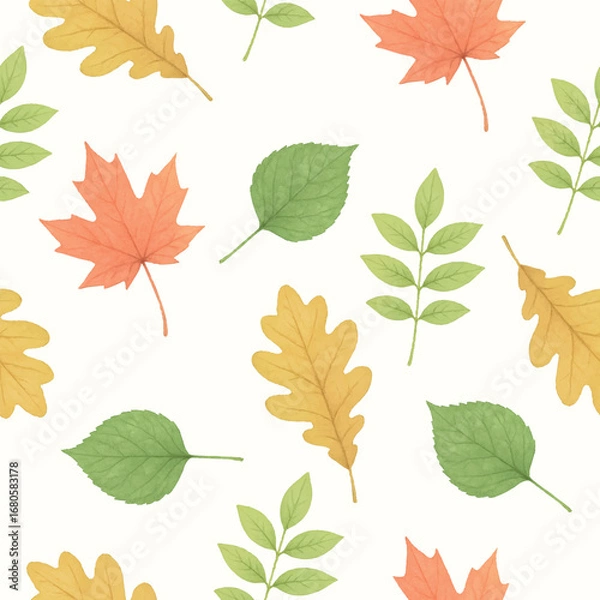 Fototapeta Delicate seamless autumn pattern of maple, acacia, elm, birch, and oak leaves. Some retain green tones, red maple, greener elm, slightly yellowing oak. Watercolor style, varied shapes, light