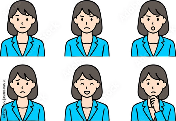 Fototapeta Vector illustration set of young working woman with multiple facial expressions, office suit character emotions, business female avatar icons for communication and presentation design.