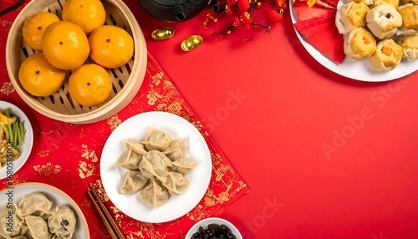 Fototapeta Festive food arrangement on red background; dumplings, tangerines, and other dishes