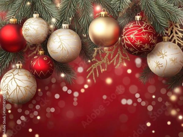 Fototapeta Christmas background with red festive backdrop, golden and red baubles, pine tree branches, holiday decoration with sparkling lights, elegant seasonal design for greeting cards and winter celebration