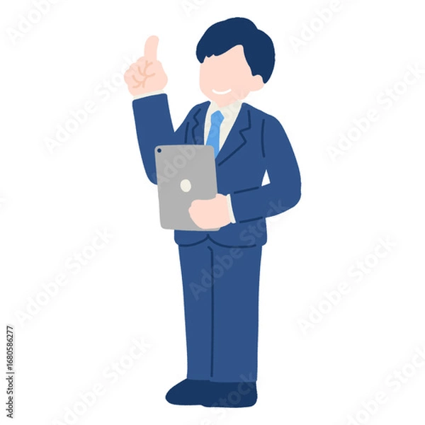 Fototapeta タブレットを持ちながら指をさすスーツのビジネスパーソン[男性]のフラットなイラスト
