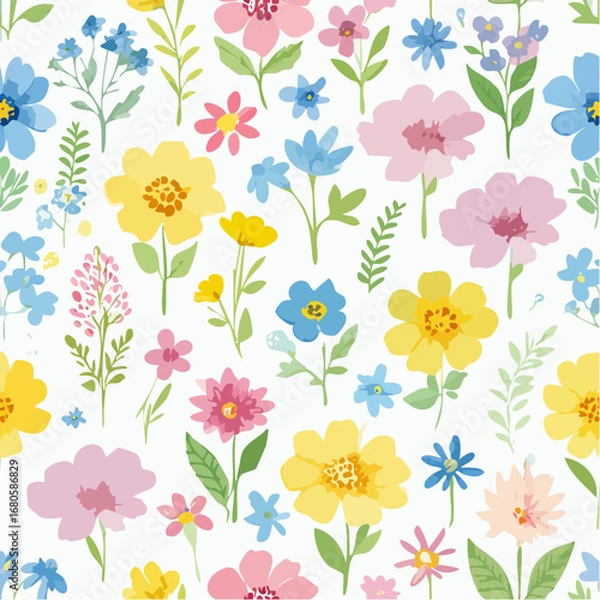 Fototapeta Seamless watercolor floral pattern with hand-painted wildflowers and leaves. Soft pink, yellow, and blue blossoms.