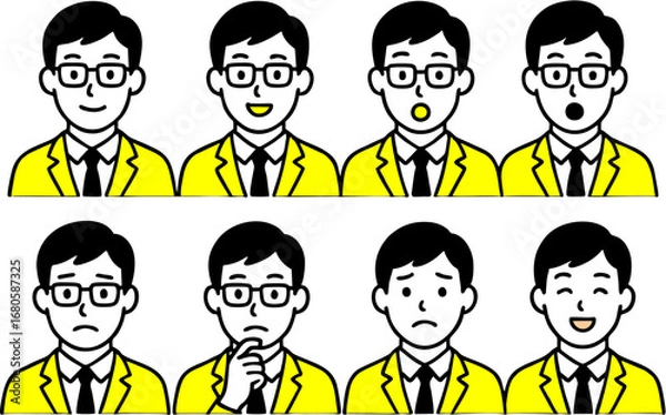 Fototapeta Flat style vector illustration set of young man in a suit with glasses showing multiple facial expressions, minimal office character design for corporate, business, and professional concepts.