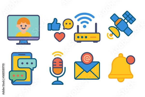 Fototapeta Child-Friendly Tech Icons. Flat vector mini-illustrations modern communication in colors children's illustrations: video call,