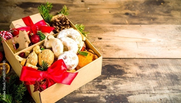Fototapeta Festive gift box overflowing with assorted cookies and holiday decorations on a rustic wood surface