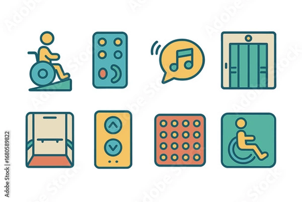 Fototapeta Children's Accessibility Icons. Flat vector mini-illustrations elevator accessibility in colors children's illustrations: