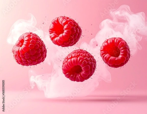 Fototapeta Fresh raspberries in motion, pink background